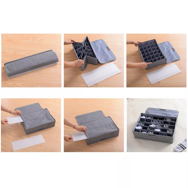 Socks Organizer | Drawer Organizer Divider Underwear Organizer, 24 Cell Collapsible Closet Cabinet Organizer Underwear Storage Boxes (Grey color)