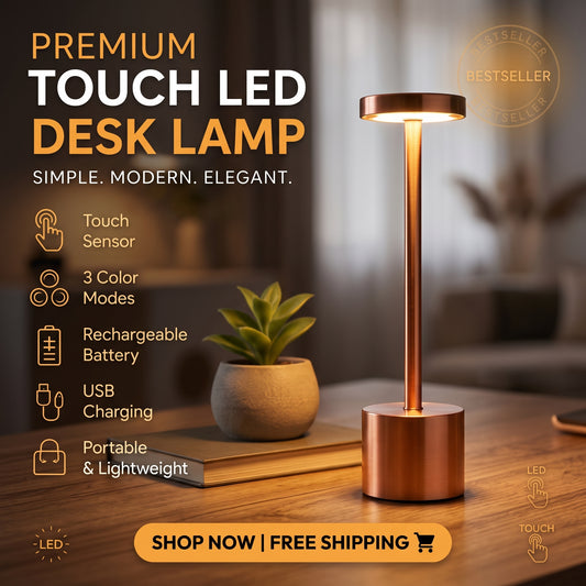 USB Rechargeable 3-Color LED Touch Desk Lamp – Portable Metal Night Light (Random Color)