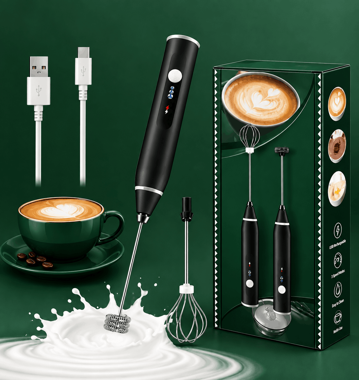 2-in-1 USB Rechargeable Milk Frother & Egg Beater – 3-Speed Handheld Electric Foam Maker