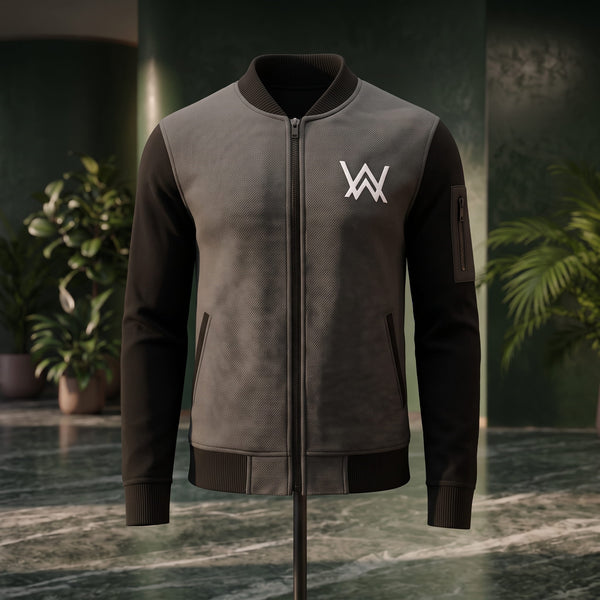 Men’s Charcoal Grey & Black Printed Bomber Jacket – Premium Fleece Winterwear