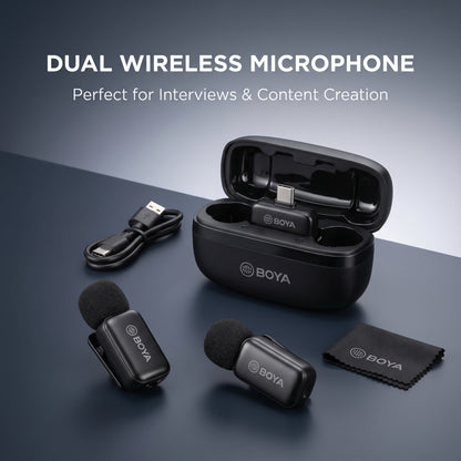 BOYA BY-MW10 Dual Wireless Lavalier Microphone – 2.4GHz Noise Reduction Mic for Vlogging, YouTube, TikTok & Live Streaming