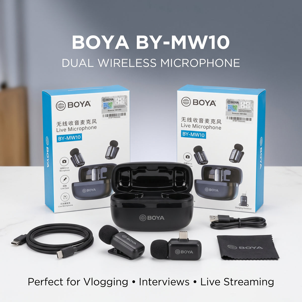 BOYA BY-MW10 Dual Wireless Lavalier Microphone – 2.4GHz Noise Reduction Mic for Vlogging, YouTube, TikTok & Live Streaming