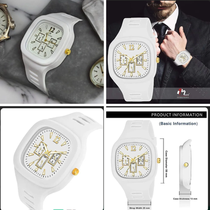 White Square Dial Men’s Watch – Gold Accents