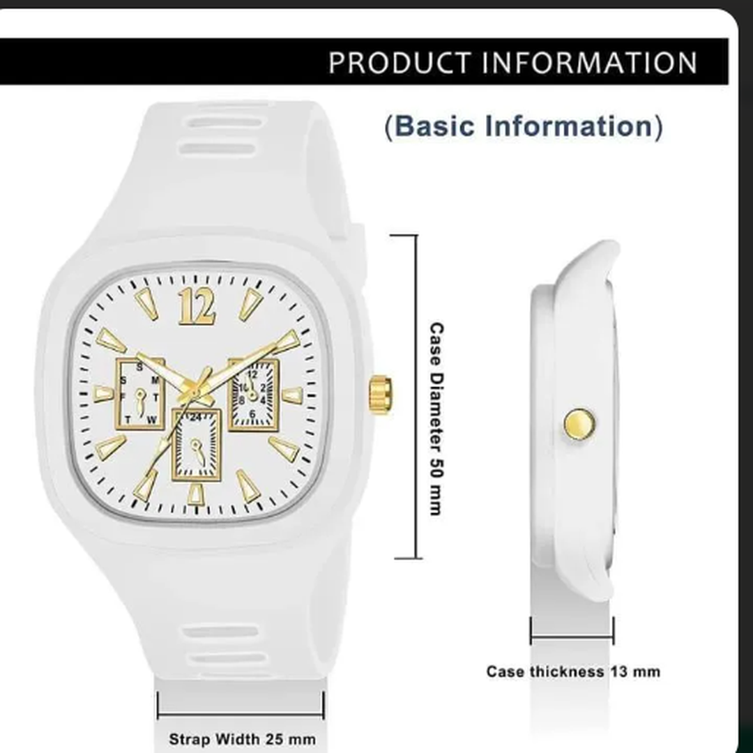 White Square Dial Men’s Watch – Gold Accents