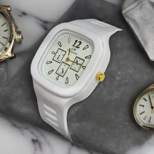 White Square Dial Men’s Watch – Gold Accents