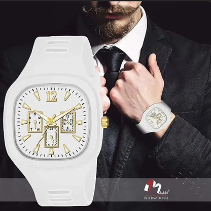 White Square Dial Men’s Watch – Gold Accents